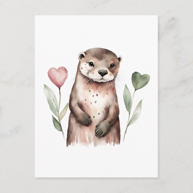 Otter With Heart Shaped Flowers Postcard (Front)