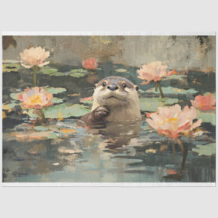 Otter with Lotus Flowers Painting Decoupage Tissue Paper