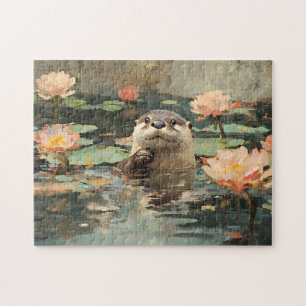 Otter with Lotus Flowers Painting Jigsaw Puzzle