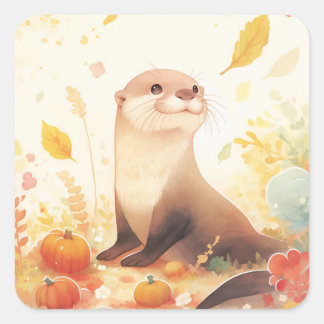 Otter with Small Pumpkins and Yellow Autumn Leaves Square Sticker