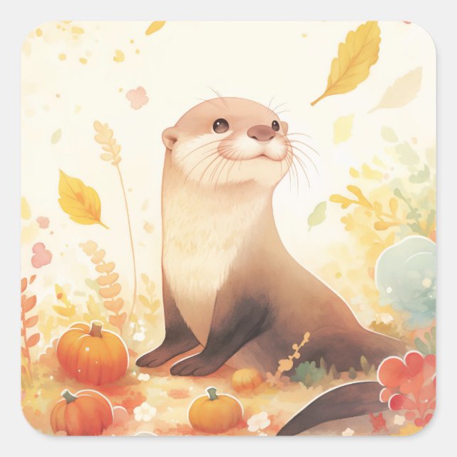Otter with Small Pumpkins and Yellow Autumn Leaves Square Sticker (Front)
