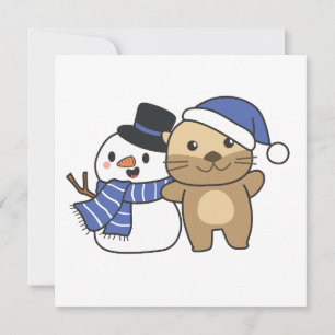 Otter With Snowman In Winter For Christmas Holiday Card