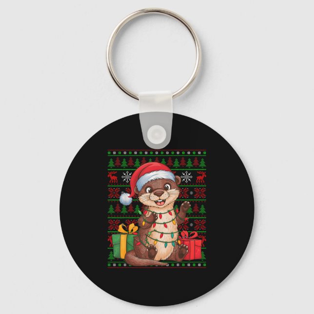 Otter Xmas Lights Ugly Santa Hat Otter Christmas  Keychain (Front)