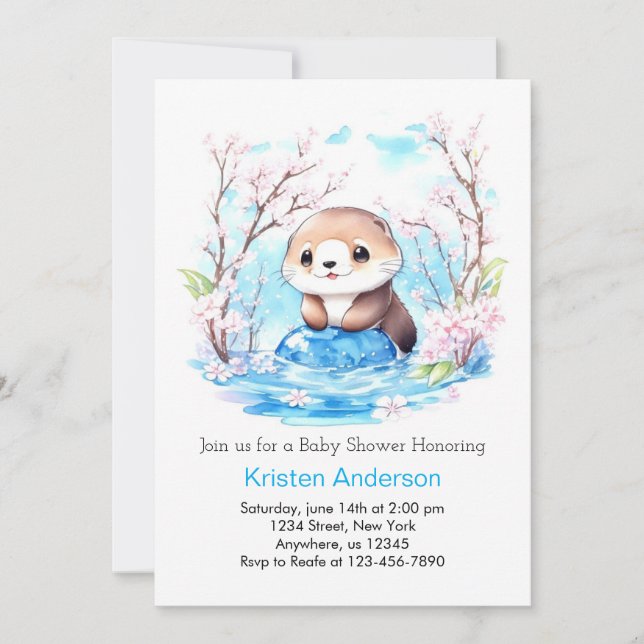 Otterly Blue Floral Boy Baby Shower Invitation (Front)