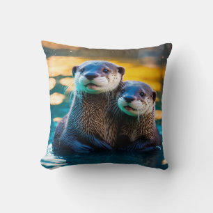 Otterly in Love: Baby Otters Hug in Glowing Waters Throw Pillow