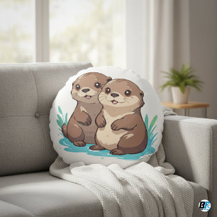 Otters Animal Cartoon Cute Elegant Minimalist Round Pillow