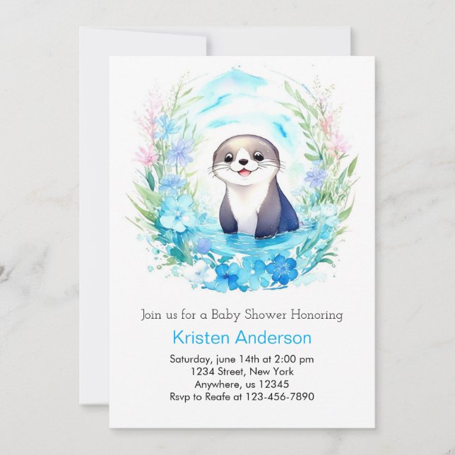Otter's Delightful Watercolor Boy Baby Shower Invitation (Front)