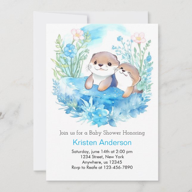 Otter's Enchanted Watercolor Boy Baby Shower Invitation (Front)