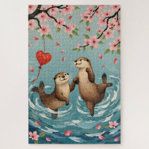 Otters Holding Paws with Valentine Lantern Jigsaw Puzzle