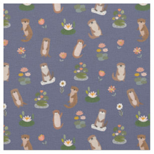 Otters & Lily Pads on Dark Blue Fabric
