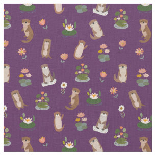 Otters & Lily Pads on Dark Purple Fabric
