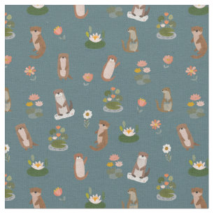Otters & Lily Pads on Dark Teal Fabric