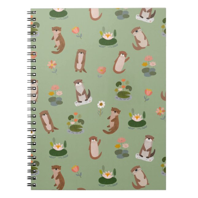 Otters & Lily Pads on Light Green Notebook (Front)