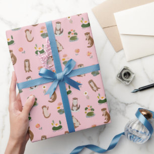 Otters & Lily Pads on Light Pink Wrapping Paper