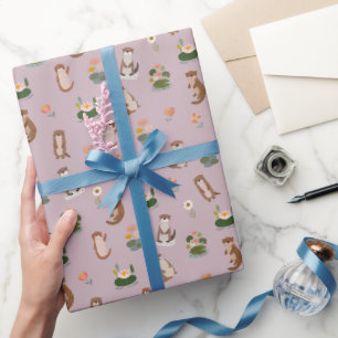 Otters & Lily Pads on Pastel Gray-Pink Wrapping Paper