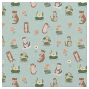 Otters & Lily Pads on Pistachio Green Fabric