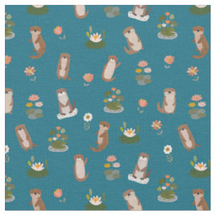 Otters & Lily Pads on Teal Fabric