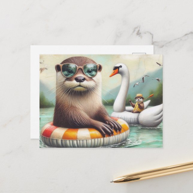 Otters on a Float Trip Postcard (Front/Back In Situ)