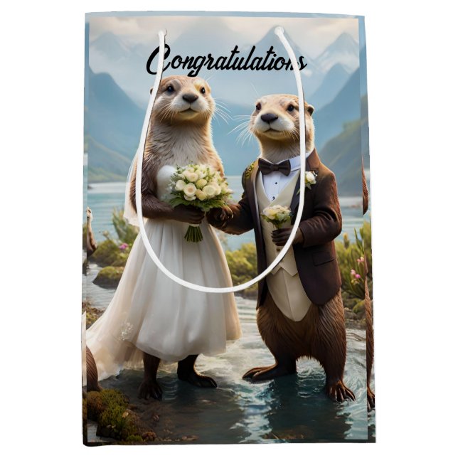 Otters On Their Wedding Day, Wedding Medium Gift Bag (Front)
