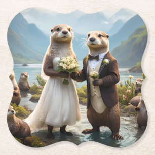 Otters On Their Wedding Day, Wedding Paper Coaster