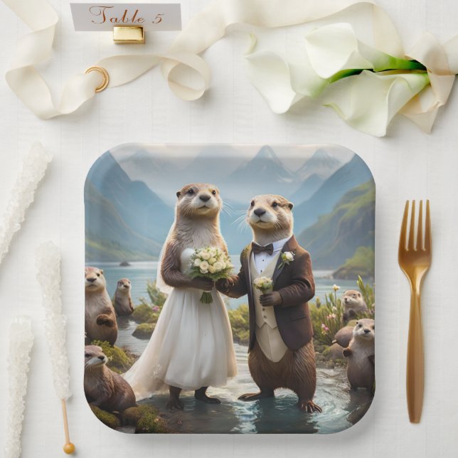Otters On Their Wedding Day, Wedding Paper Plate (Wedding)