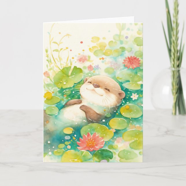 Otter's Paradise Among Lotus Flowers Card (Front)