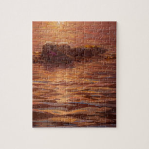 Otters Snuggling at Sunset Floating With Kelp Jigsaw Puzzle
