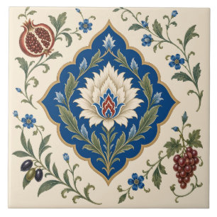 Ottoman Iznik Floral Blue Botanical Pomegranate Tile