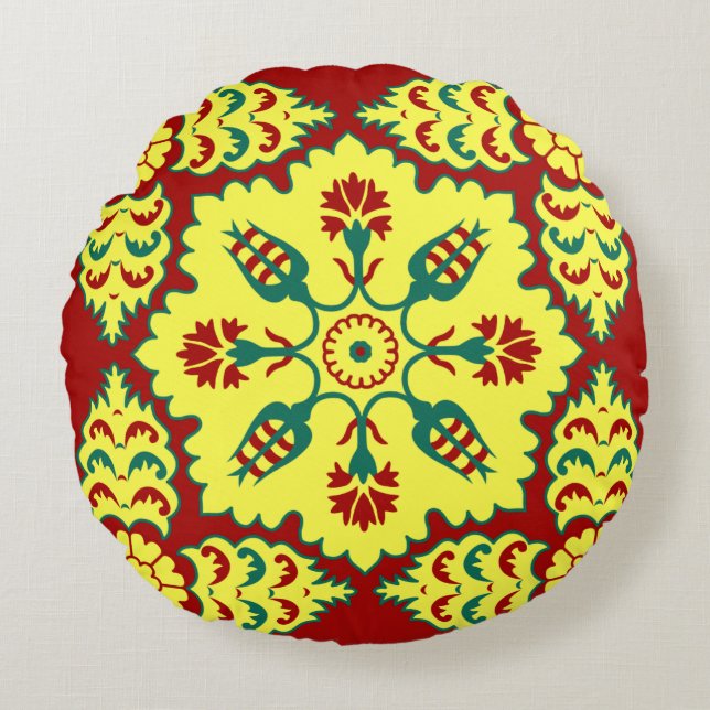 Ottoman Turkish tulip pattern in red and yellow Round Pillow (Front)