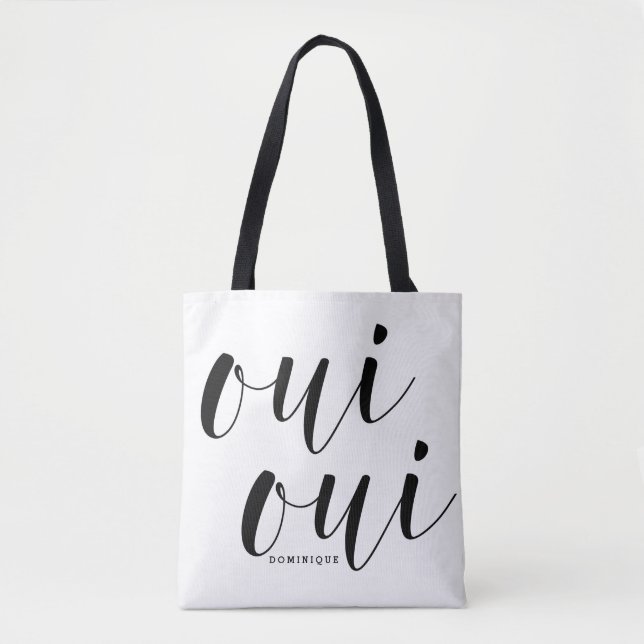 Oui Oui Black Modern Calligraphy Polka Dots Tote Bag (Front)