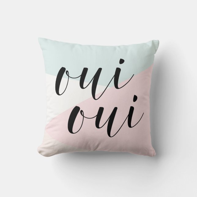 Oui Oui Modern Calligraphy Blush & Blue Geometric Throw Pillow (Front)