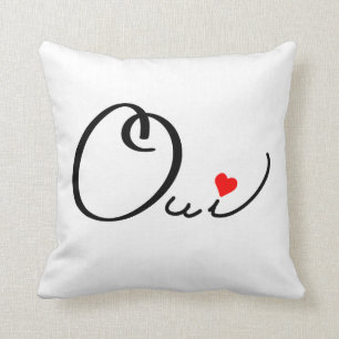 Oui Yes French Script White Red Heart Typography Throw Pillow