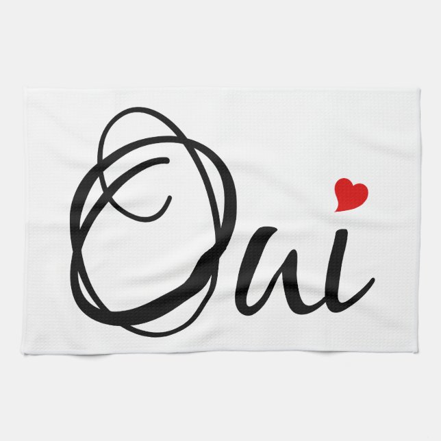 Oui, yes, French word art with red heart Kitchen Towel (Horizontal)