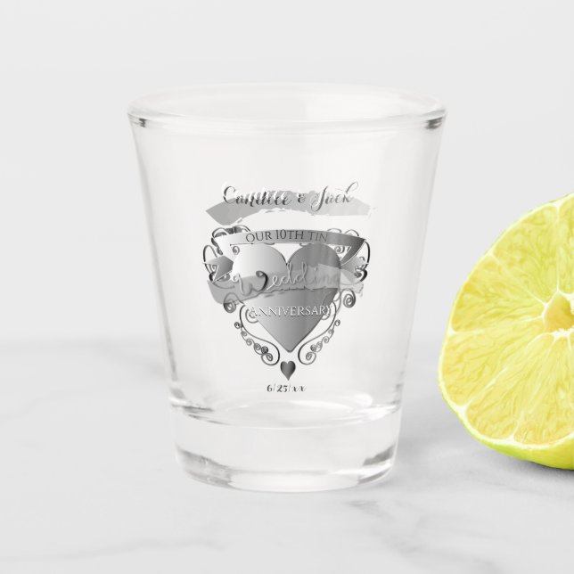 "Our 10th Tin Wedding Anniversary"3D Heart Emblem Shot Glass (Front)