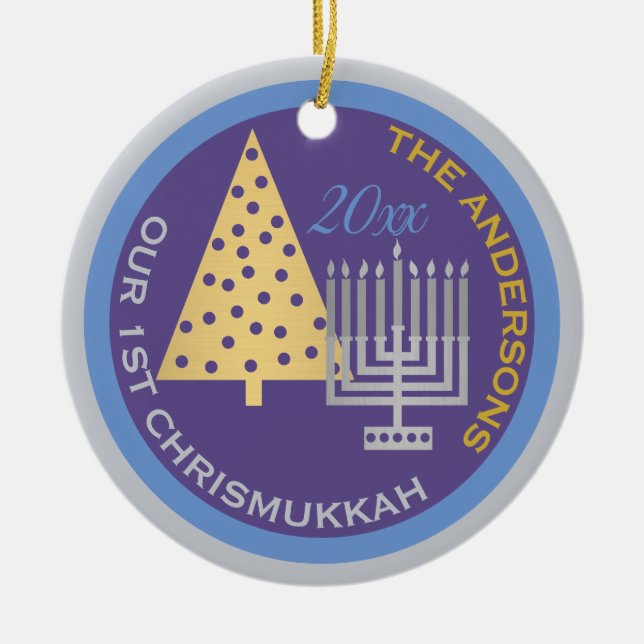 Our 1st Chrismukkah Photo Tree Menorah Keepsake Ceramic Ornament (Front)