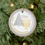 Our 1st Chrismukkah Tree Menorah Keepsake Photo Ceramic Ornament<br><div class="desc">Personalize this chic OUR 1ST CHRISMUKKAH ornament with your name, year and photo for a one of a kind family keepsake. From the gold tone Hanukkah menorah to the silver tone Christmas tree, this white, silvery gray and warm toasted almond tan ornament will commemorate your first blended holiday. Upload your...</div>