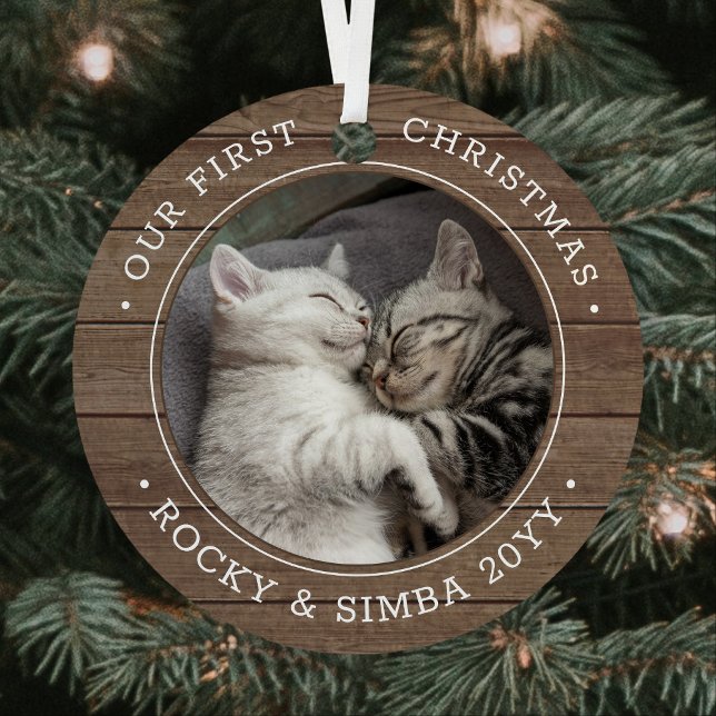 Our 1st Christmas 2 Pets Photo Rustic Faux Wood Metal Ornament (Creator Uploaded)