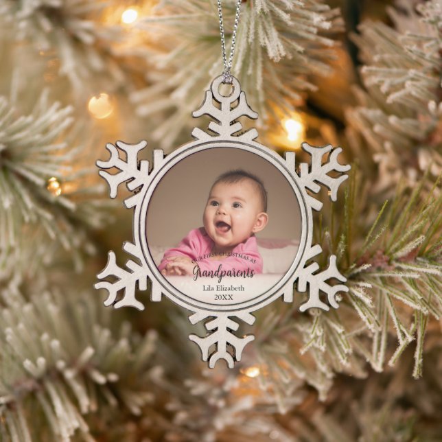 Our 1st Christmas as Grandparents Baby Photo Snowflake Pewter Christmas Ornament (Tree)