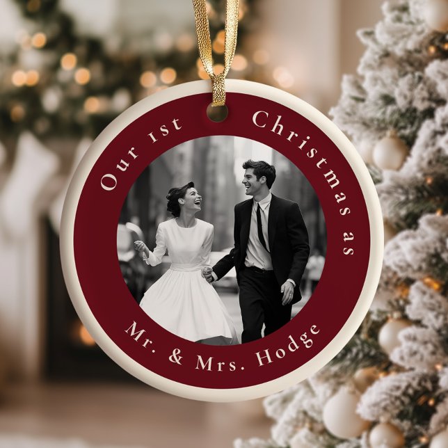 Our 1st Christmas as Mr and Mrs Retro Photo Ceramic Ornament (Creator Uploaded)