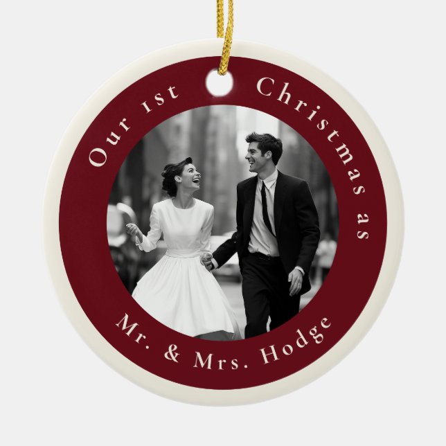Our 1st Christmas as Mr and Mrs Retro Photo Ceramic Ornament (Front)