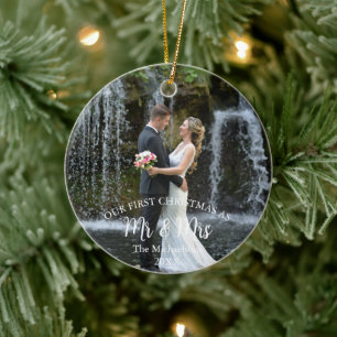 Our 1st Christmas as Mr and Mrs Wedding Photo Ceramic Ornament
