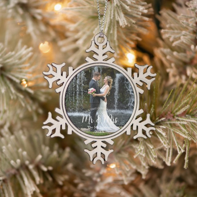 Our 1st Christmas as Mr and Mrs Wedding Photo Snowflake Pewter Christmas Ornament (Tree)