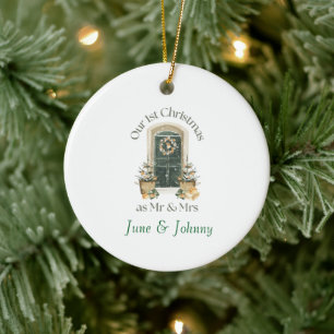 Our 1st Christmas as Mr & Mrs Green Wintery Door Ceramic Ornament