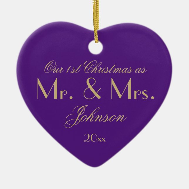 Our 1st Christmas As Mr & Mrs Newlywed Cool Purple Ceramic Ornament (Front)