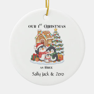 Our 1st Christmas as Three Winter Penquins Scene Ceramic Ornament