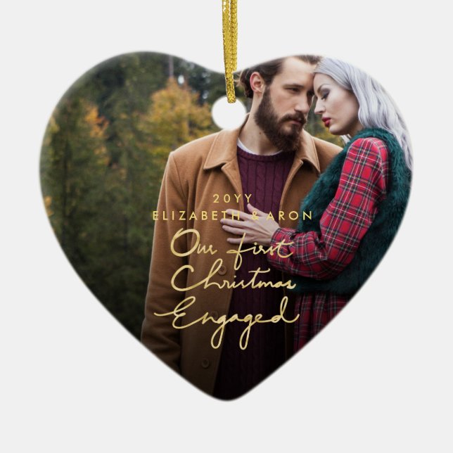 Our 1st Christmas Engaged Gold Photo Heart shaped Ceramic Ornament (Front)