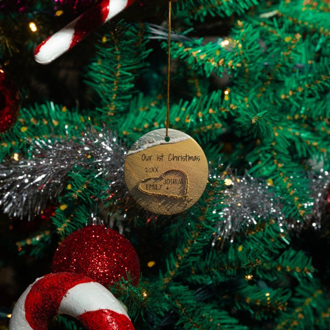 Our 1st Christmas Heart in the Sand Beach Tropical Ceramic Ornament (Creator Uploaded)