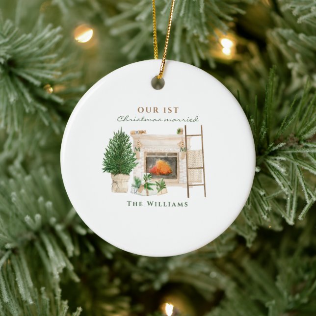 Our 1st Christmas Married Framed Photo Christmas Ceramic Ornament (Tree)