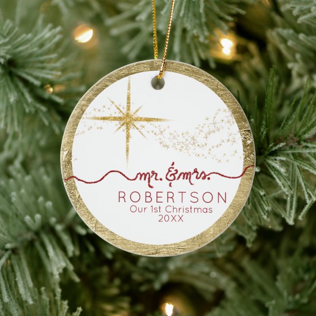 Our 1st Christmas Married Gold Glitter Star Photo Ceramic Ornament (Tree)