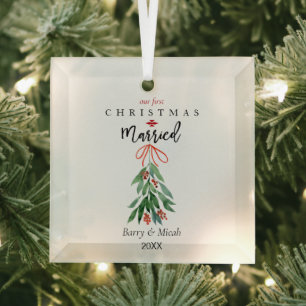 Our 1st Christmas Married Mistletoe Glass Ornament